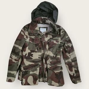 BCBGeneration Camo Jacket Women's Sz XS Full zip Sherpa Lined Hidden Hood